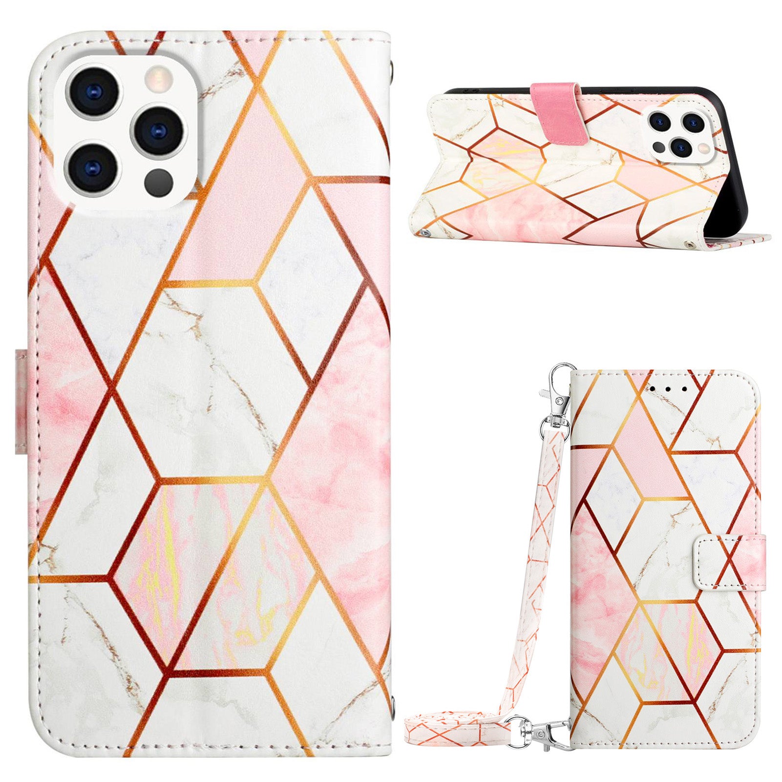 Uniqkart for iPhone 15 Pro Max YB Pattern Printing Leather Series-6 Marble Pattern Phone Cover Stand Wallet Bump Proof Case - Pink / White LS002 Uniqkart for iPhone 15 Pro Max YB Pattern Printing Leather Series-6 Marble Pattern Phone Cover Stand Wallet Bump Proof Case - Pink / White LS002